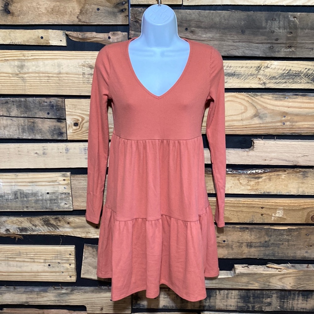 Wild Fable Women's Size XS‎ Long Sleeve Brushed Rib Knit Tiered Dress Dull Rust